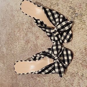 Loeffler Randall back and white gingham peep toe kitty heel with bow, worn once